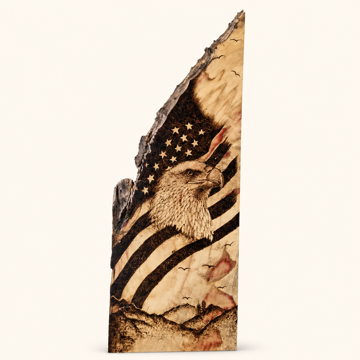 American eagle and flag on a natural wood slab
