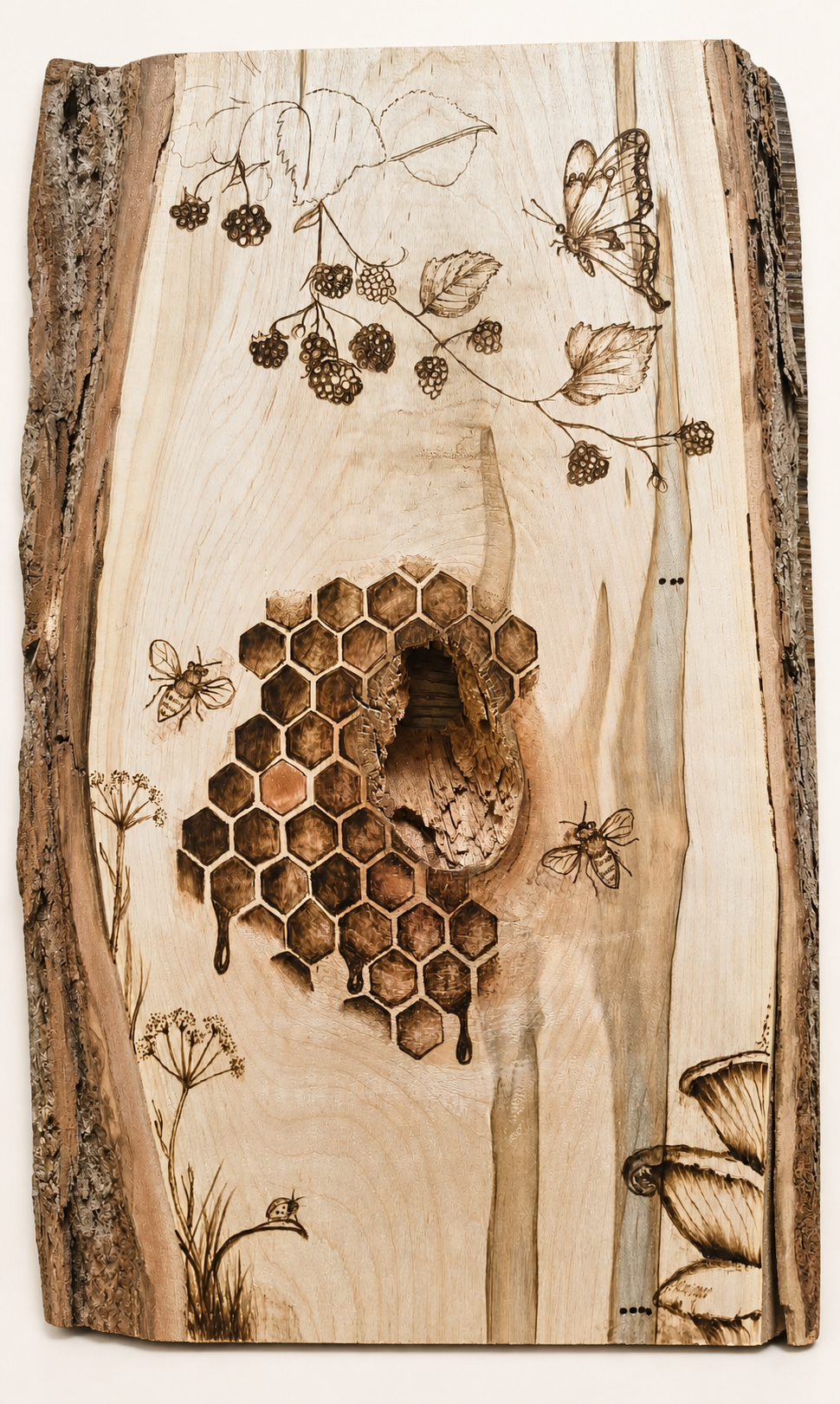 Honeybee and honeycomb pyrography on live-edge wood
