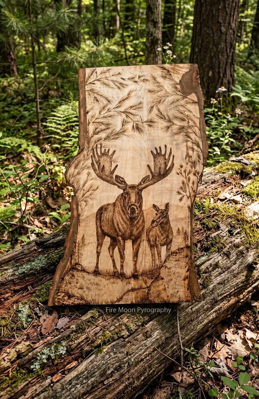 Buck in a forest burned into a live-edge wood panel
