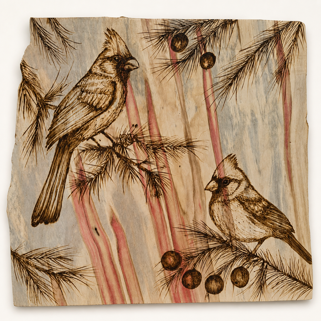 Cardinal pair with red color accents burned into wood