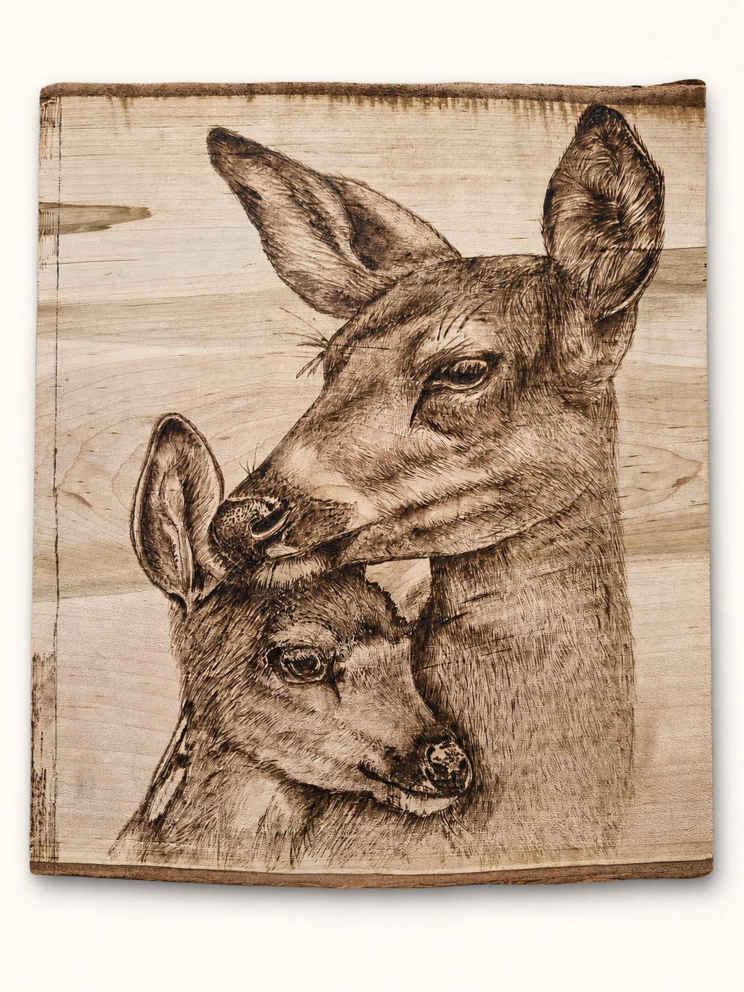 Doe and fawn portrait in pyrography