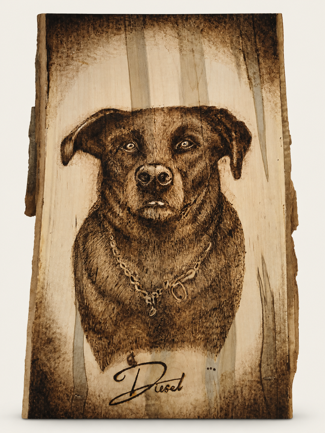 Custom portrait of Diesel burned into wood