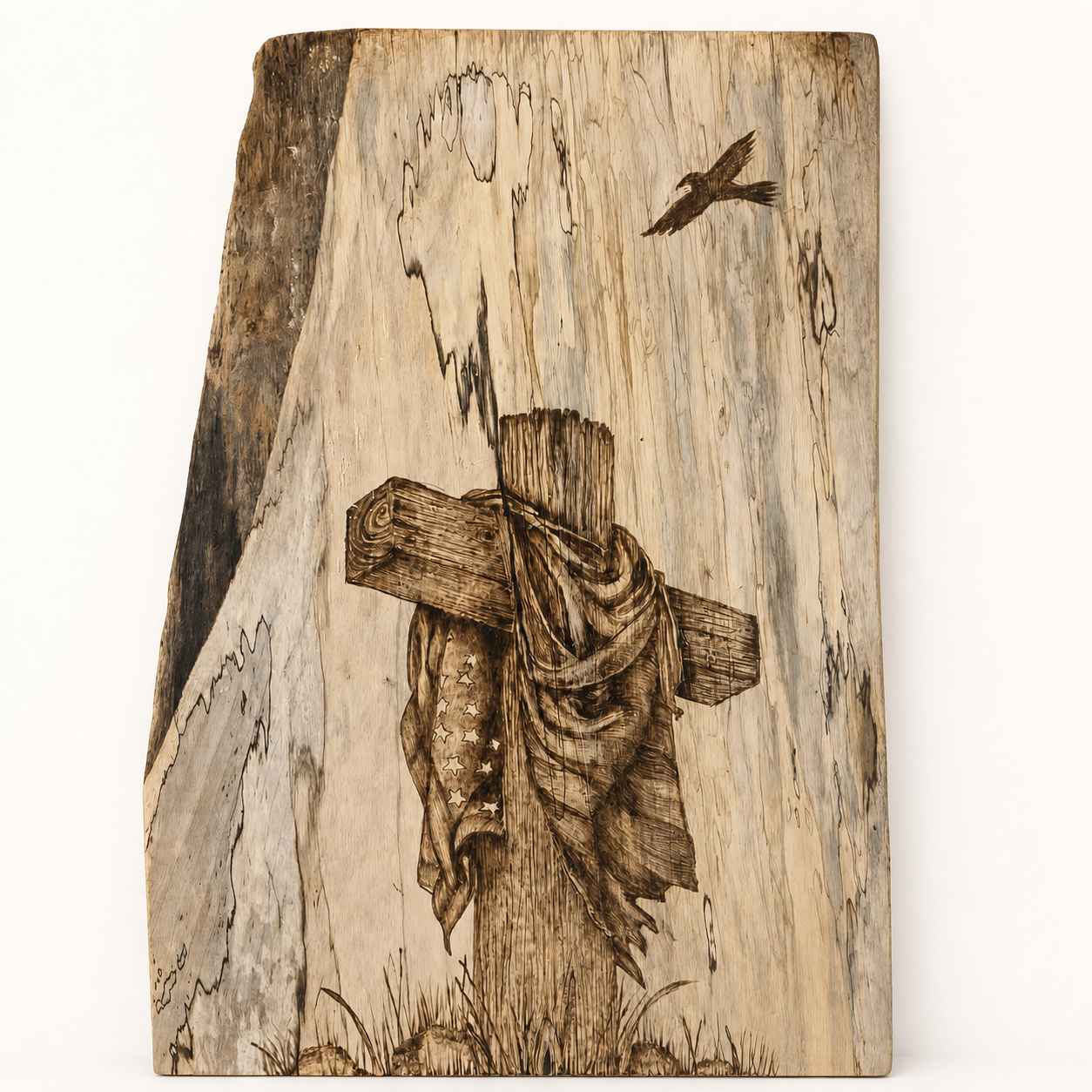 Faith-inspired cross scene in pyrography