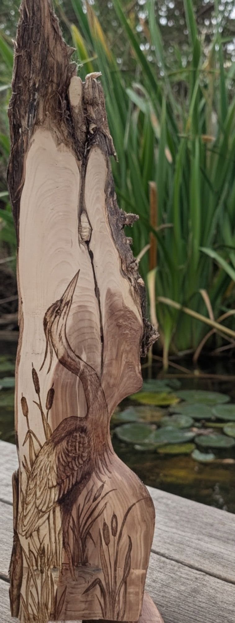 Heron and cattails burned into live-edge wood, photographed beside a pond