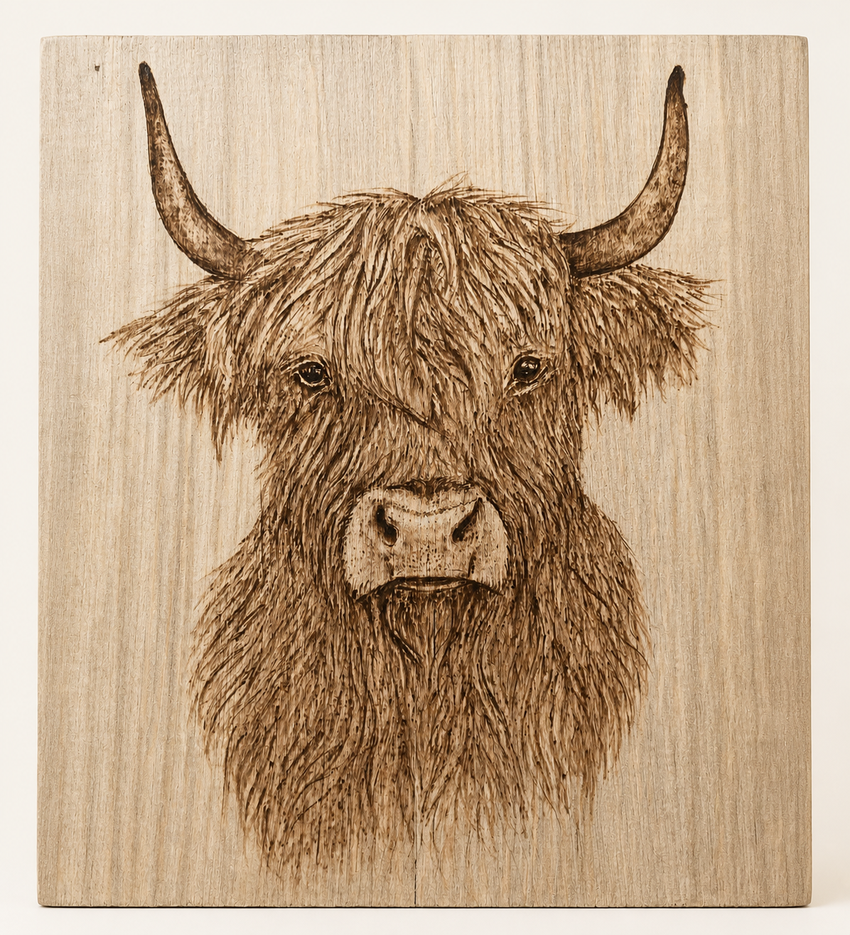 Pyrography portrait of a Highland cow