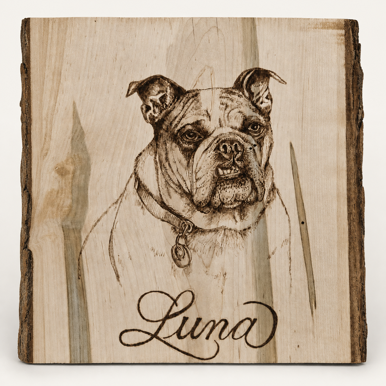 Custom pyrography portrait of Luna