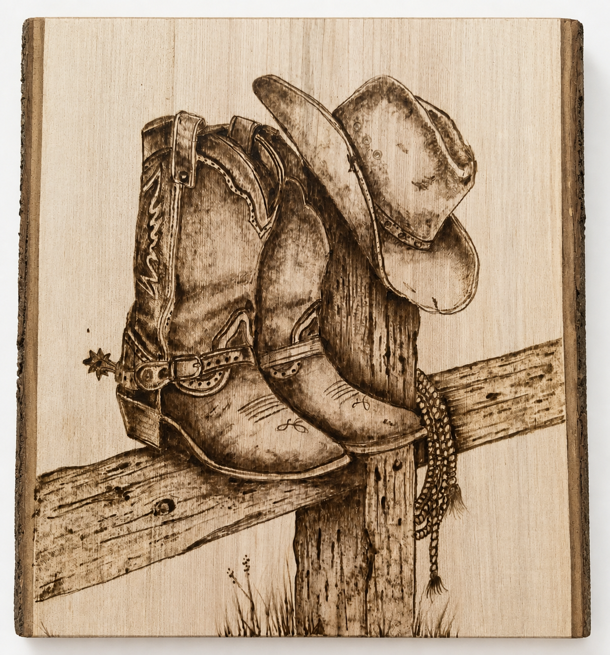 Cowboy boots and hat burned into wood