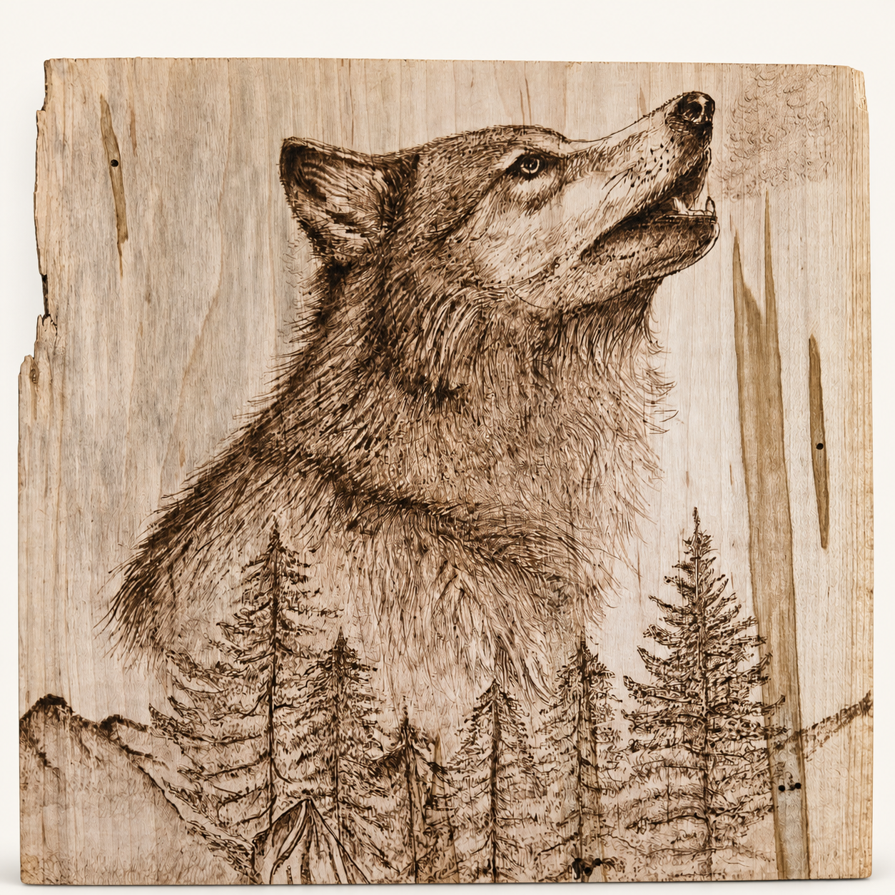 Detailed wolf portrait burned into a wood panel